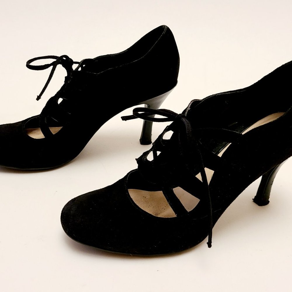 Franco Sarto Mohair Black Suede Lace Up Heels Size 6